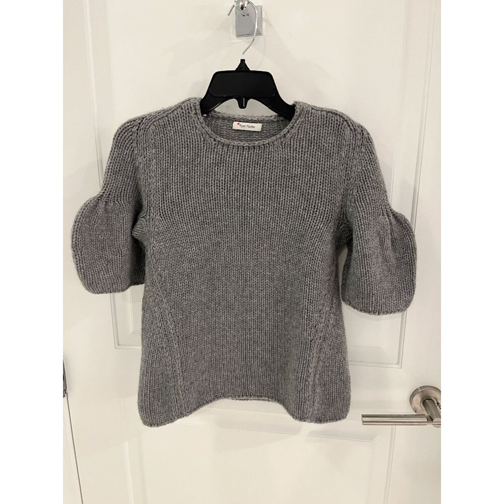 NWOT Ryan Roche 100% Cashmere Chunky Knit Fisherman Sweater Short Puff Sleeve Sz